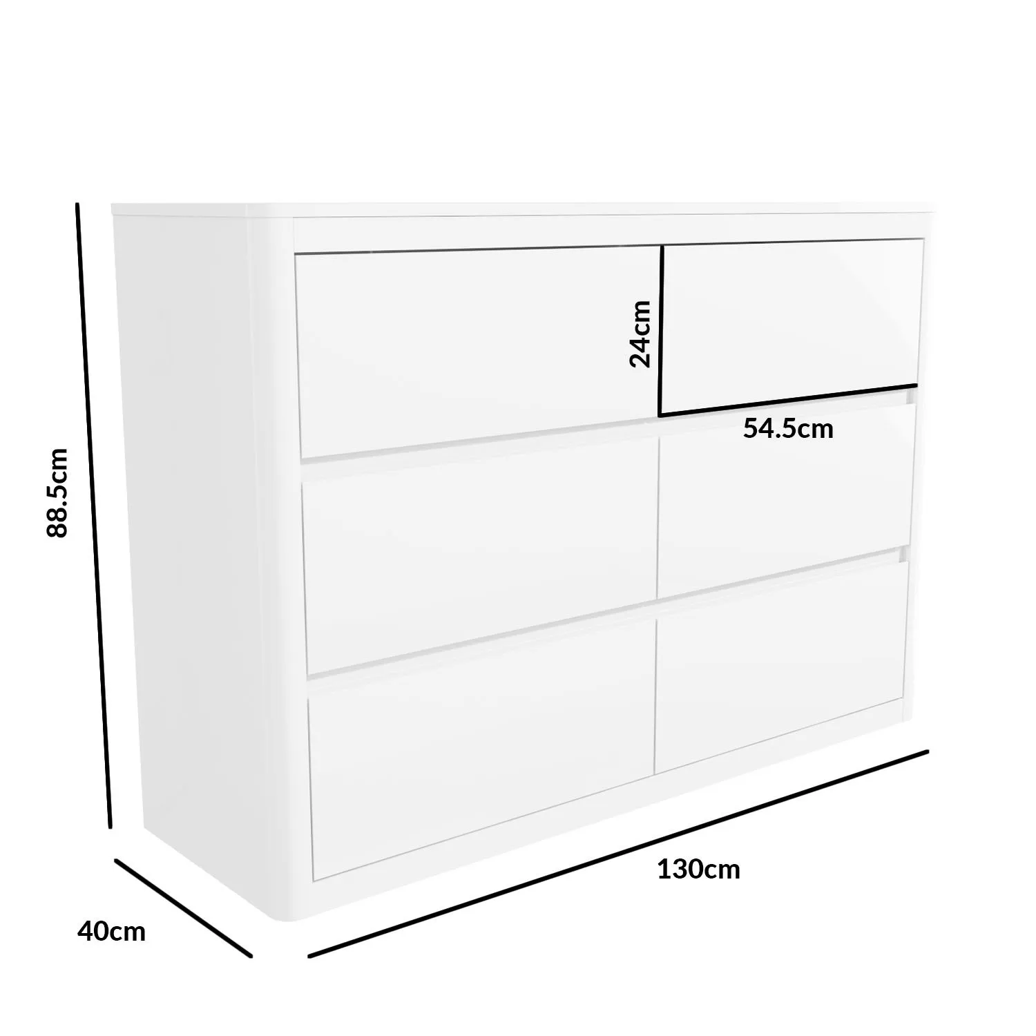 6-Drawer Wide Chest with Curved Edges - White, Wood