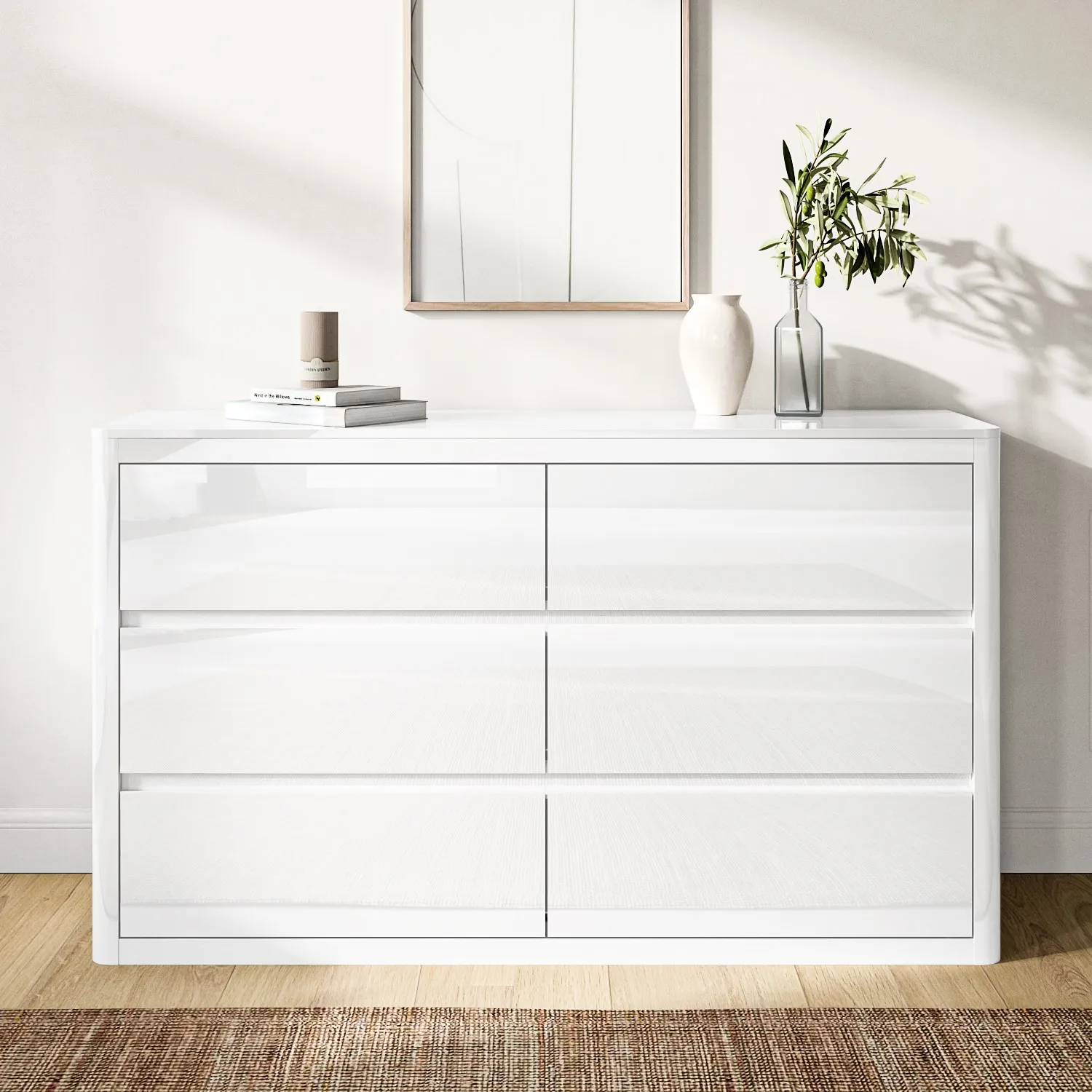 6-Drawer Wide Chest with Curved Edges - White, Wood