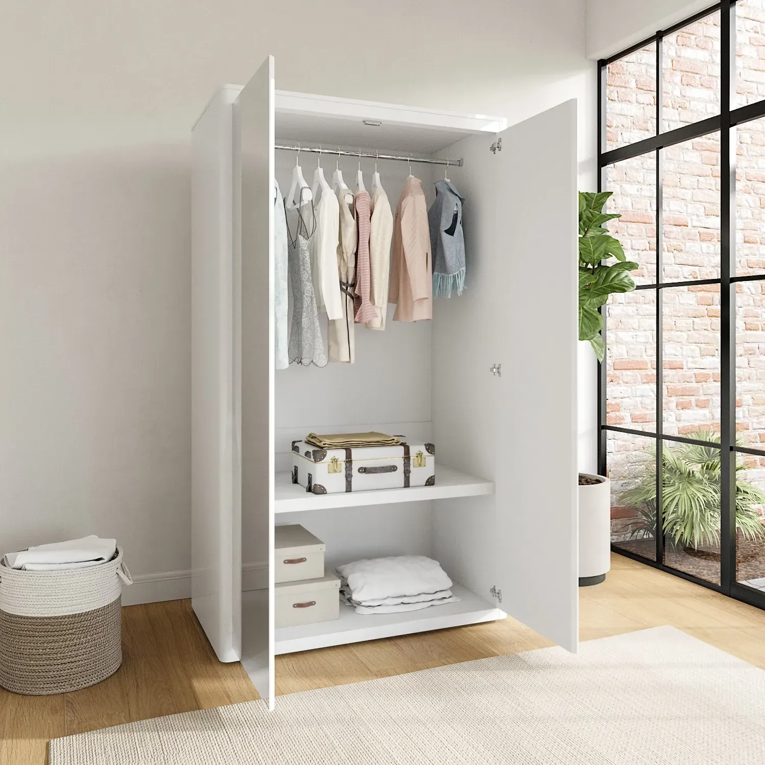 Double Wardrobe with Soft Close - White, Gloss