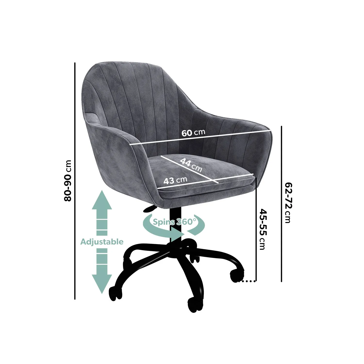 Office Chair with Arms - Grey, Velvet