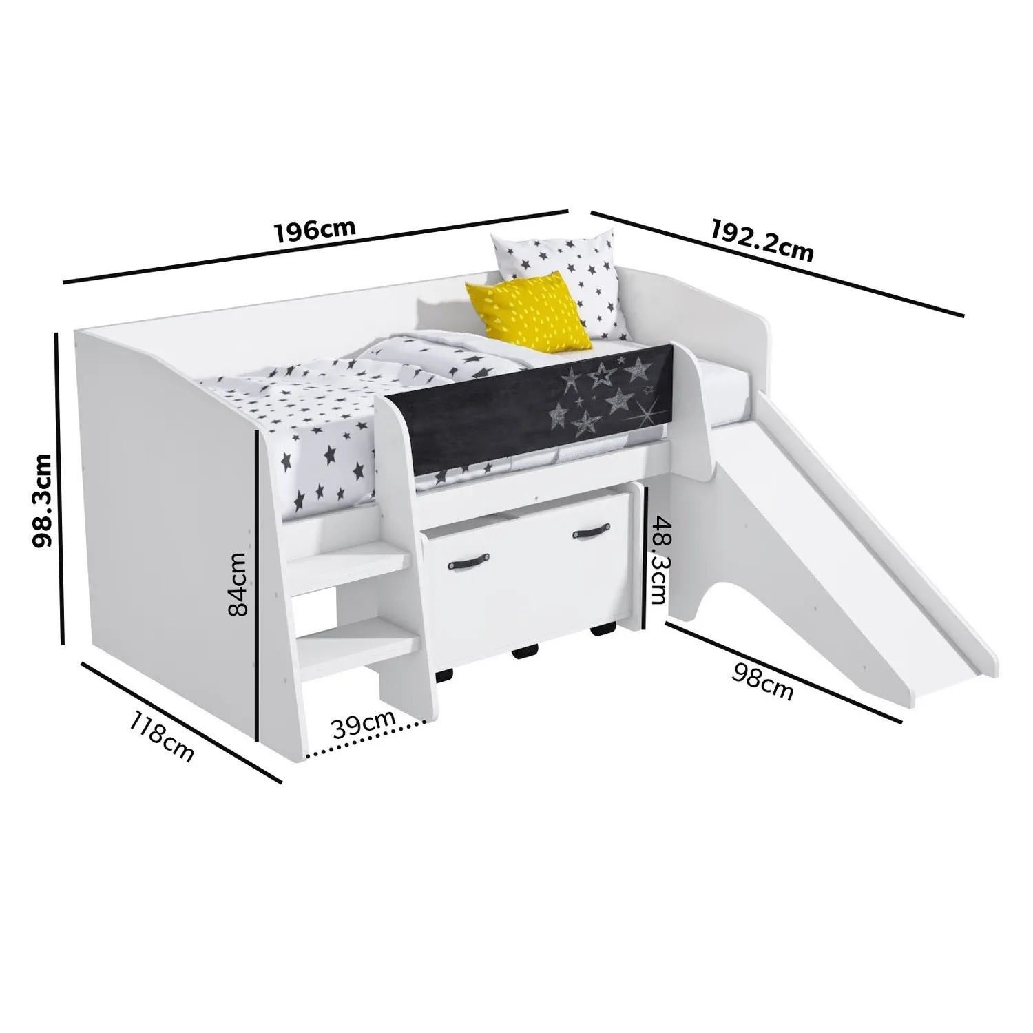 Single Cabin Bed with Slide & Storage - White