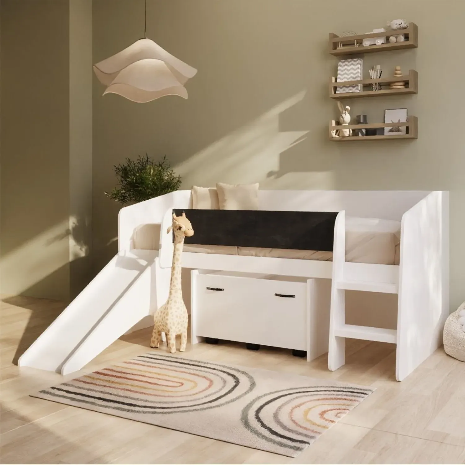 Single Cabin Bed with Slide & Storage - White