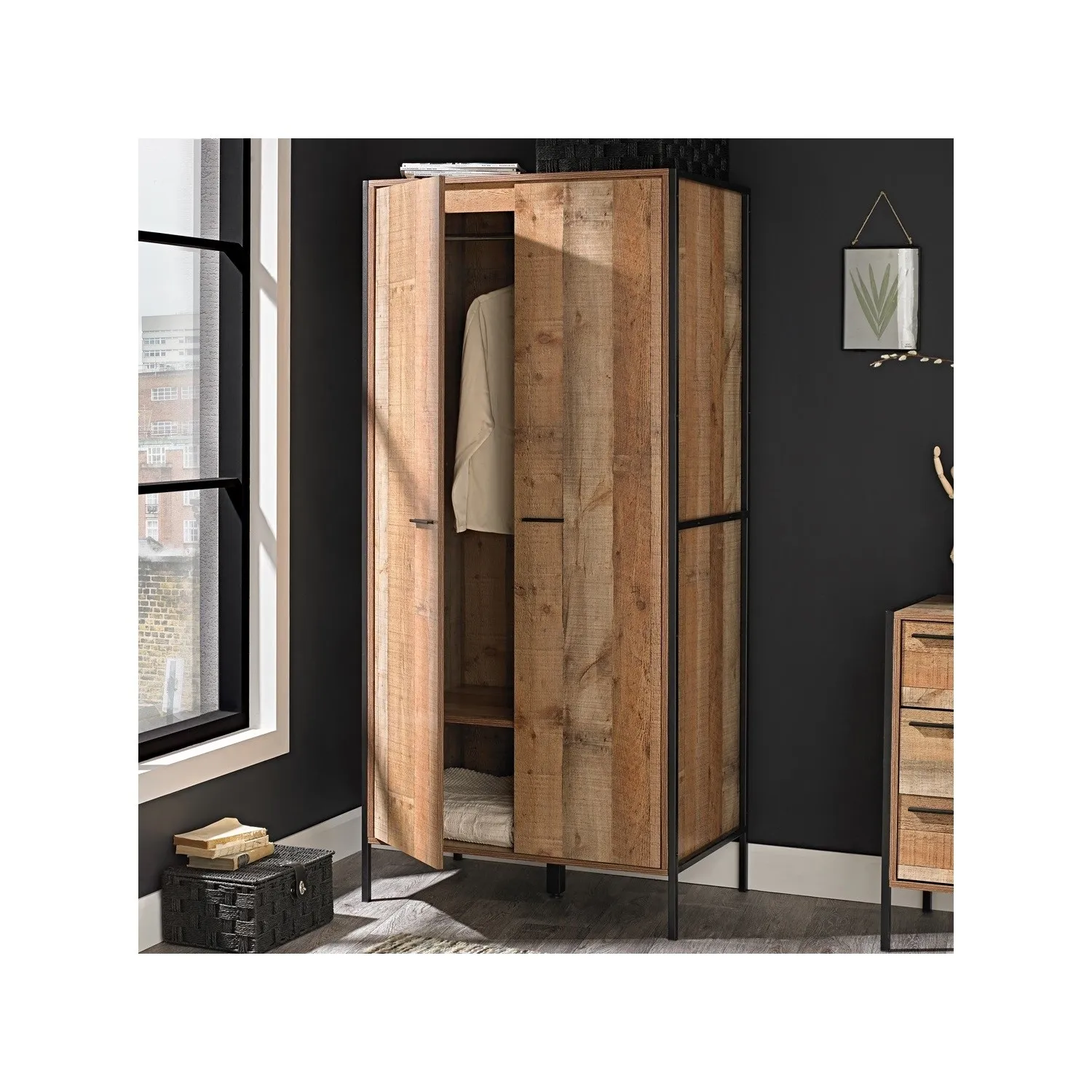 2-Door Wardrobe Industrial Style - Oak