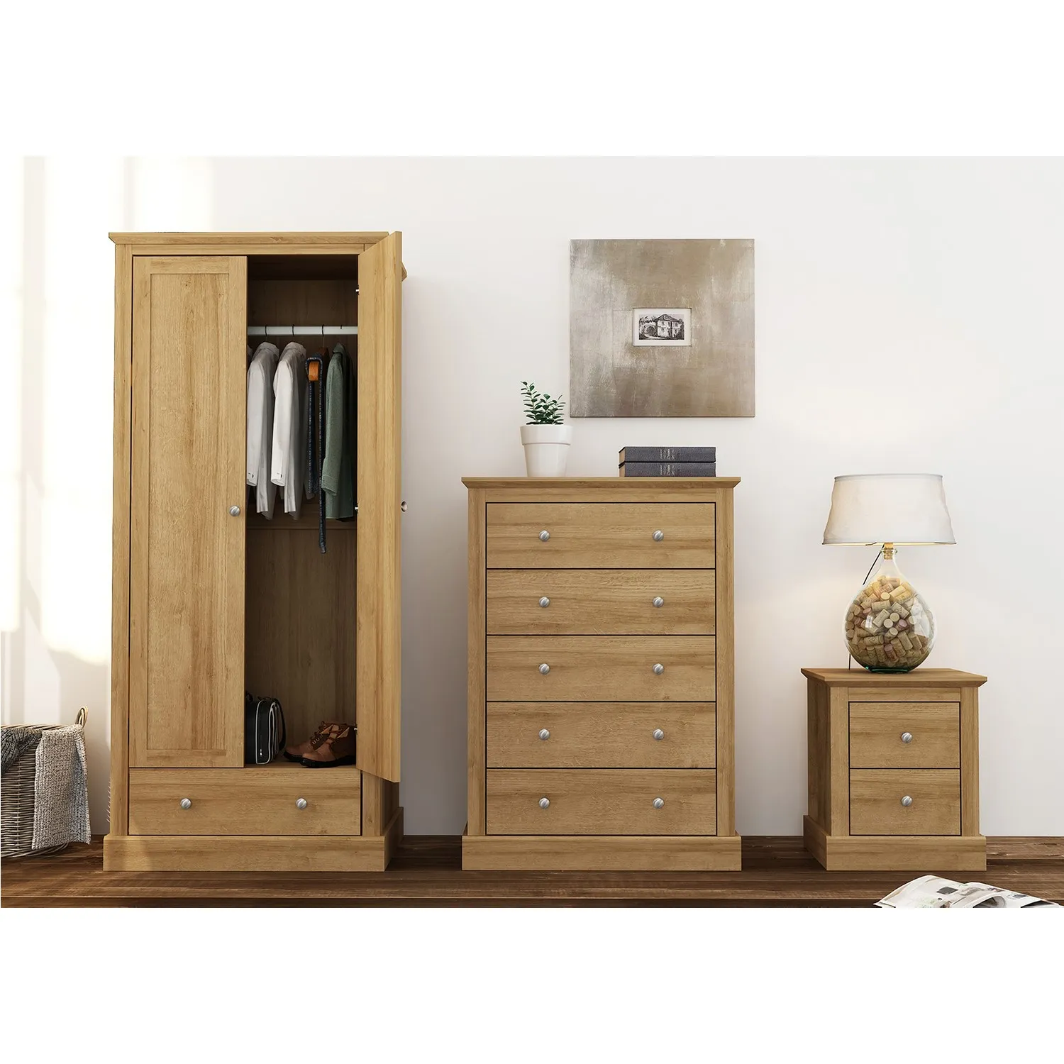 2-Door Wardrobe with Drawer - Oak