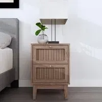 2-Drawer Bedside Table with Rattan - Brown, MDF