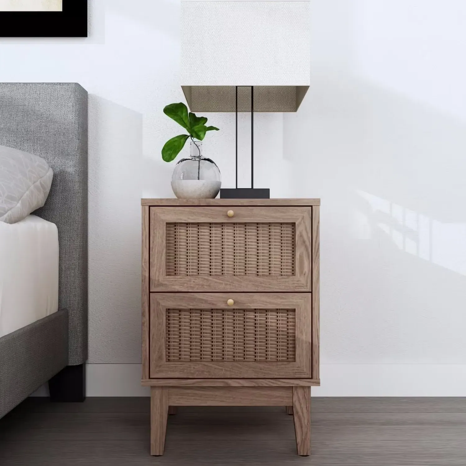 2-Drawer Bedside Table with Rattan - Brown, MDF image