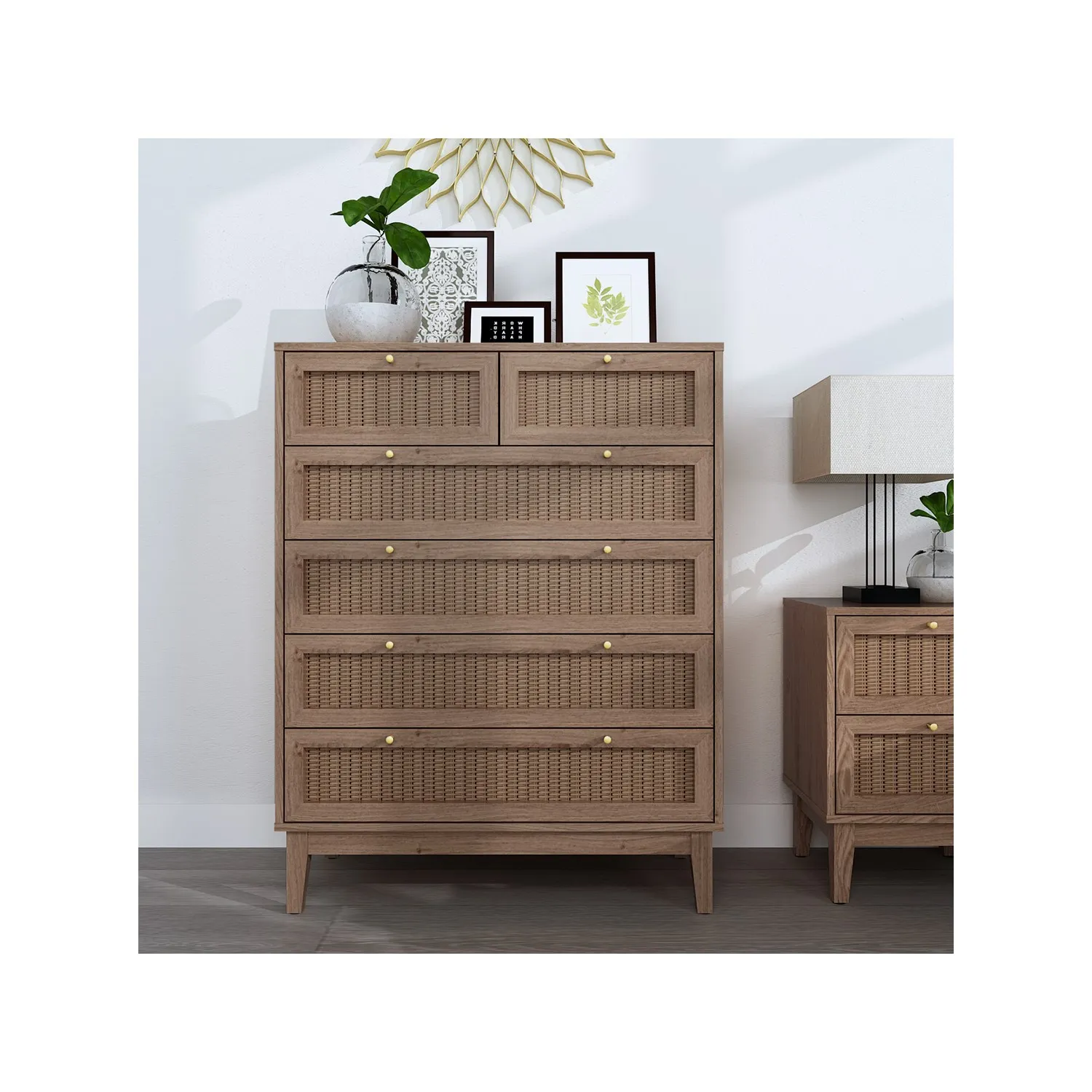 6-Drawer Chest with Rattan Fronts - Brown, MDF