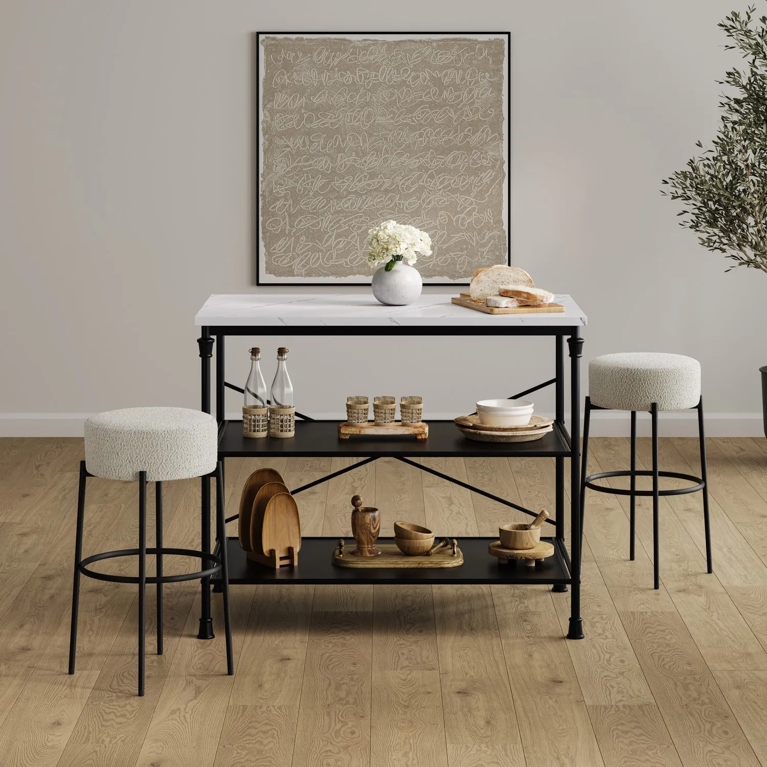 Counter Stool with Cushioned Seat - Cream, Boucle