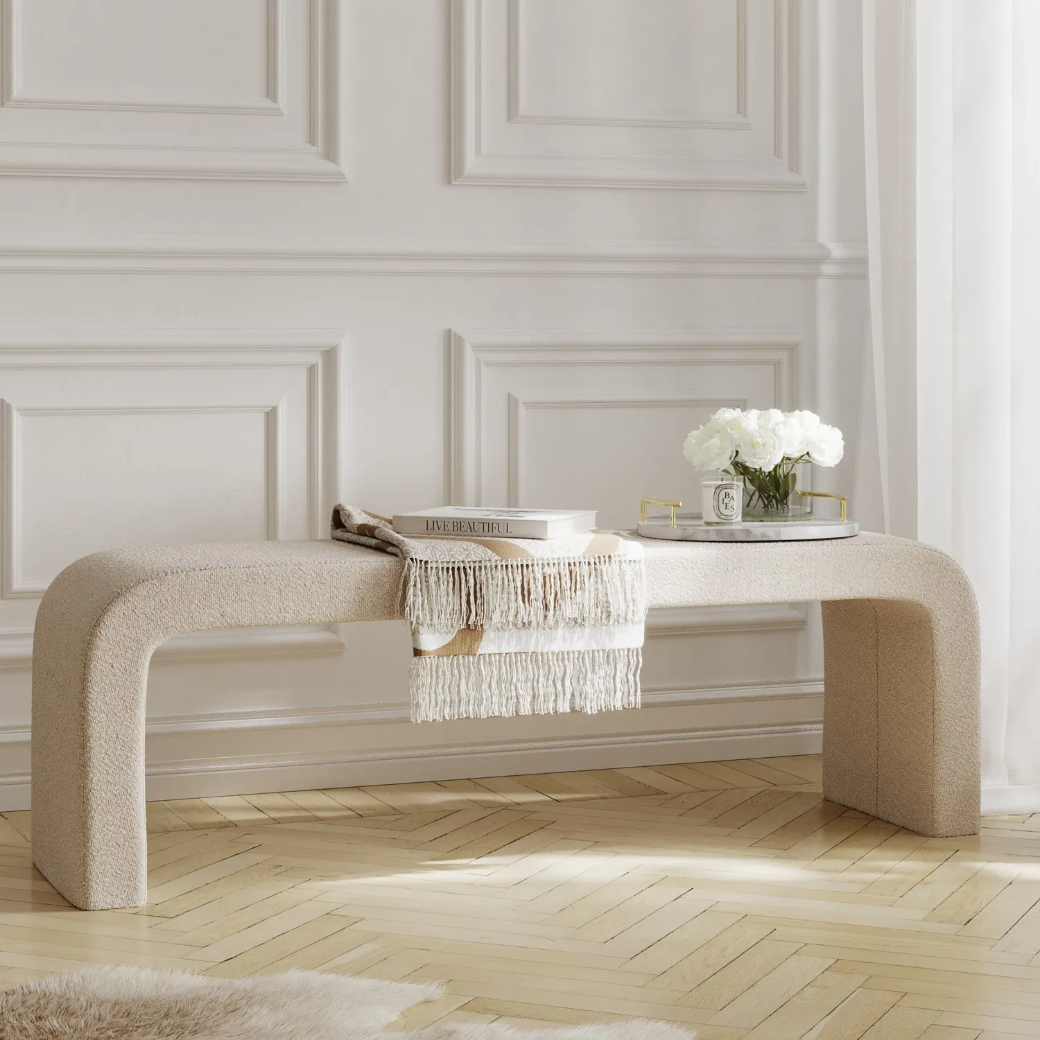 Curved Dining Bench - Beige, Boucle image
