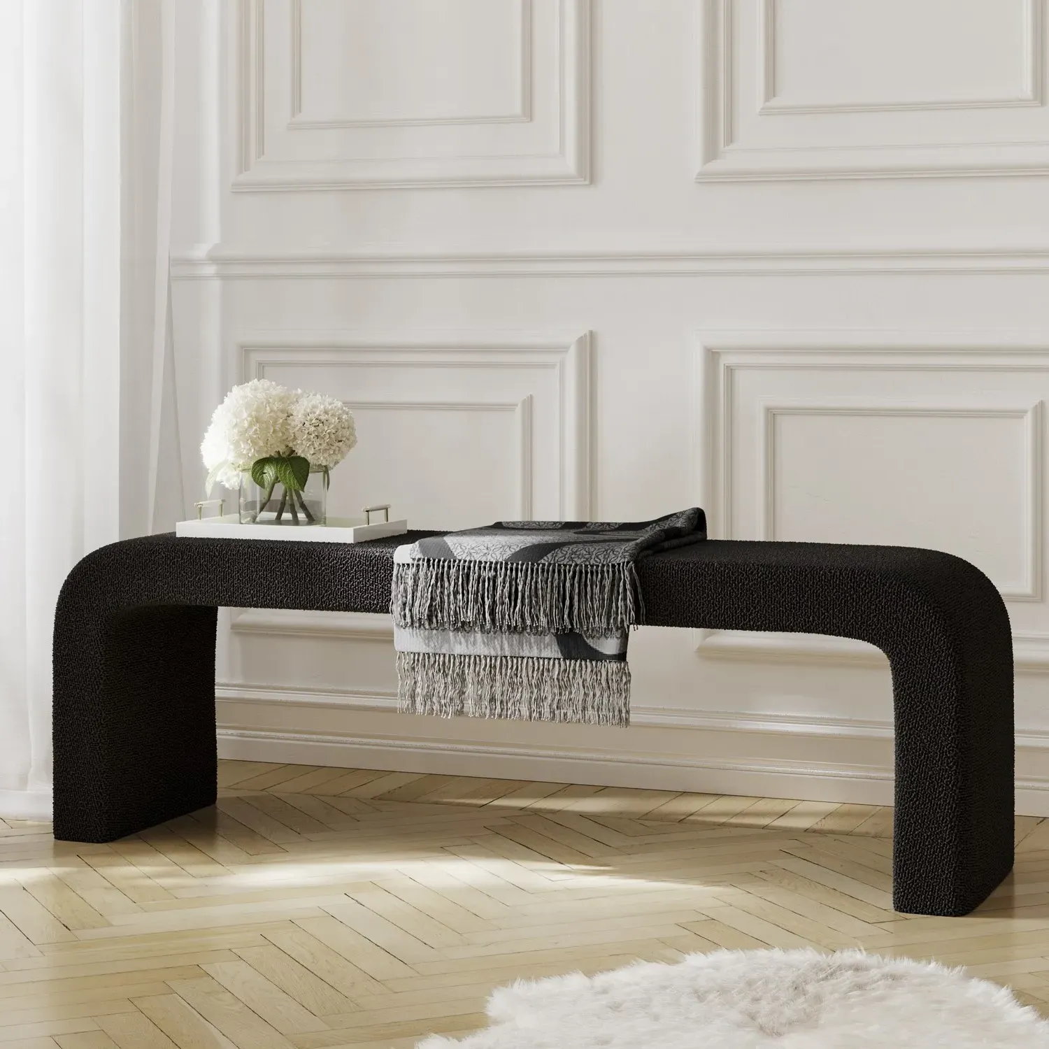 Curved Dining Bench - Black, Boucle