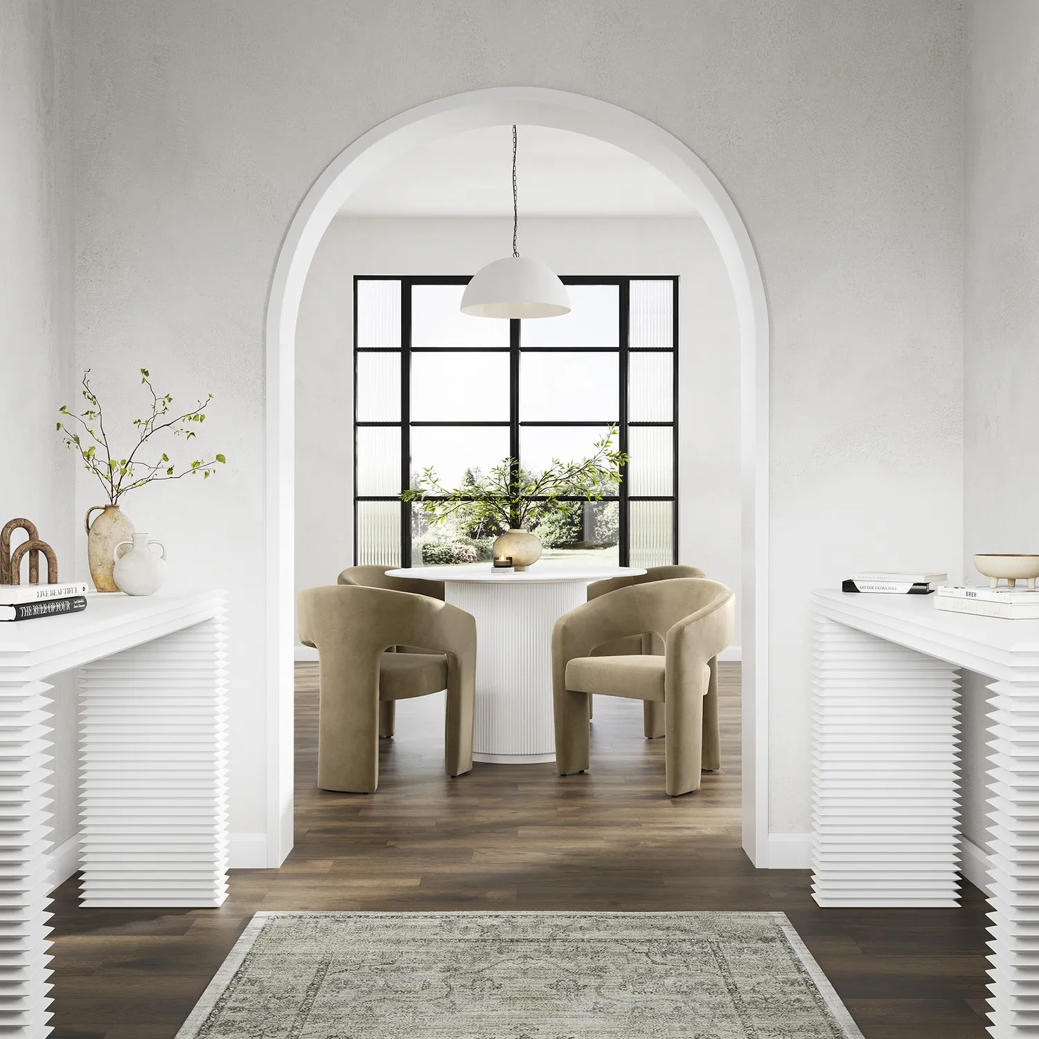 Curved Dining Chair with Arms - Beige, Velvet