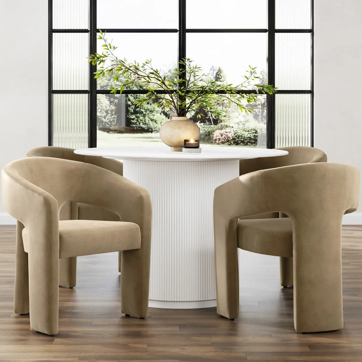 Curved Dining Chair with Arms - Beige, Velvet