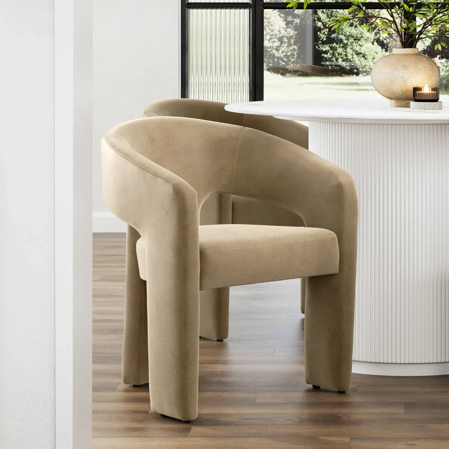 Curved Dining Chair with Arms - Beige, Velvet image