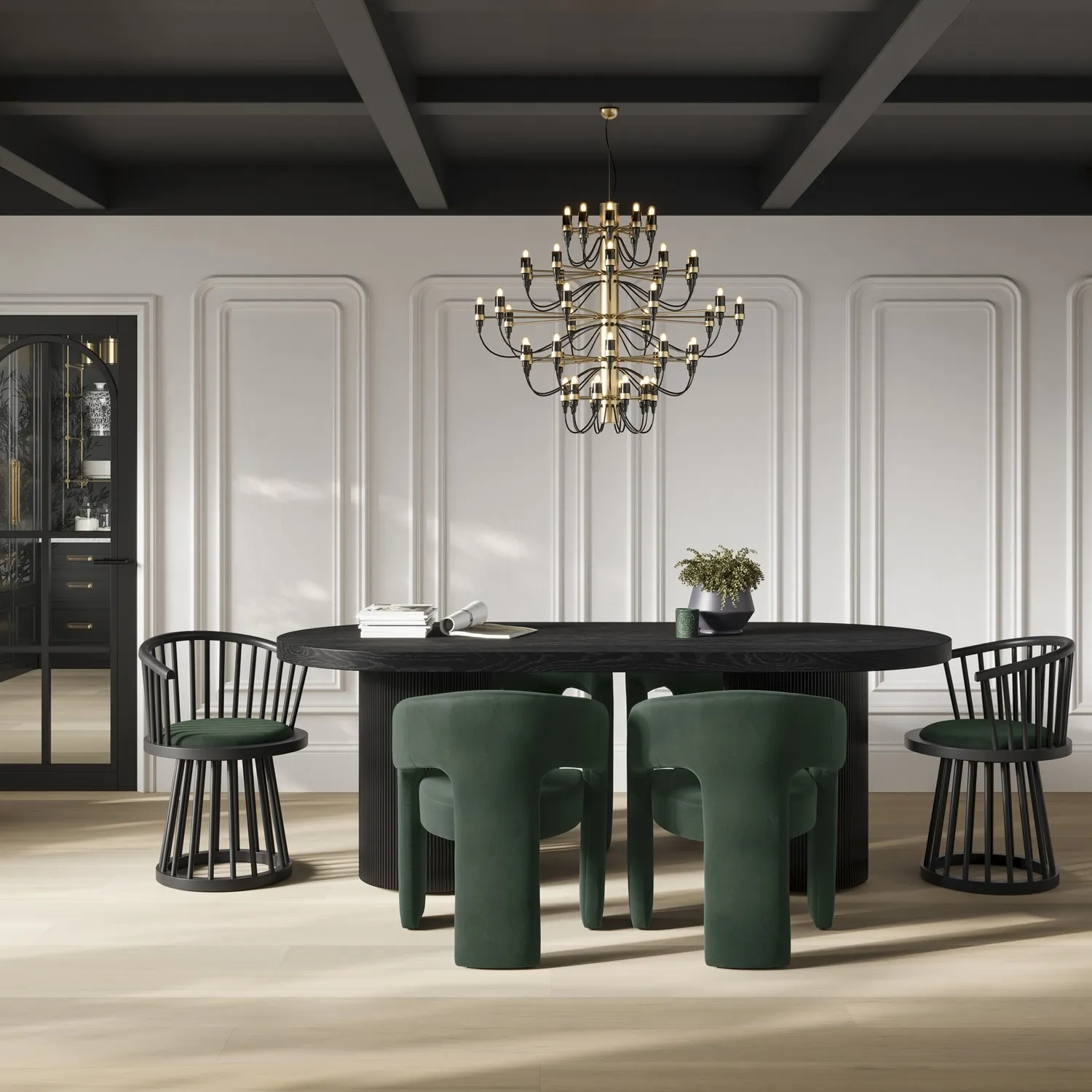 Curved Dining Chair with Arms - Green, Velvet