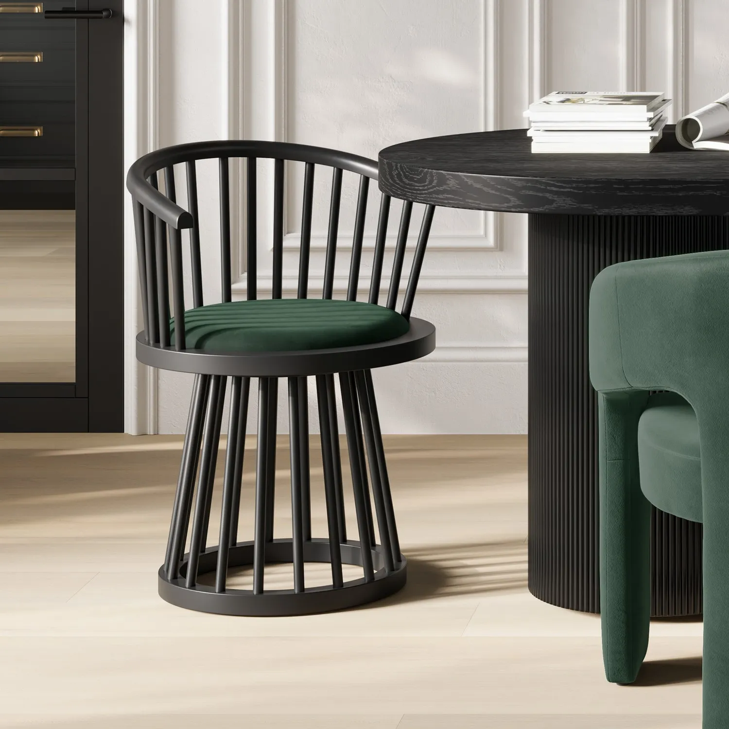Curved Spindle Dining Chair - Green, Velvet