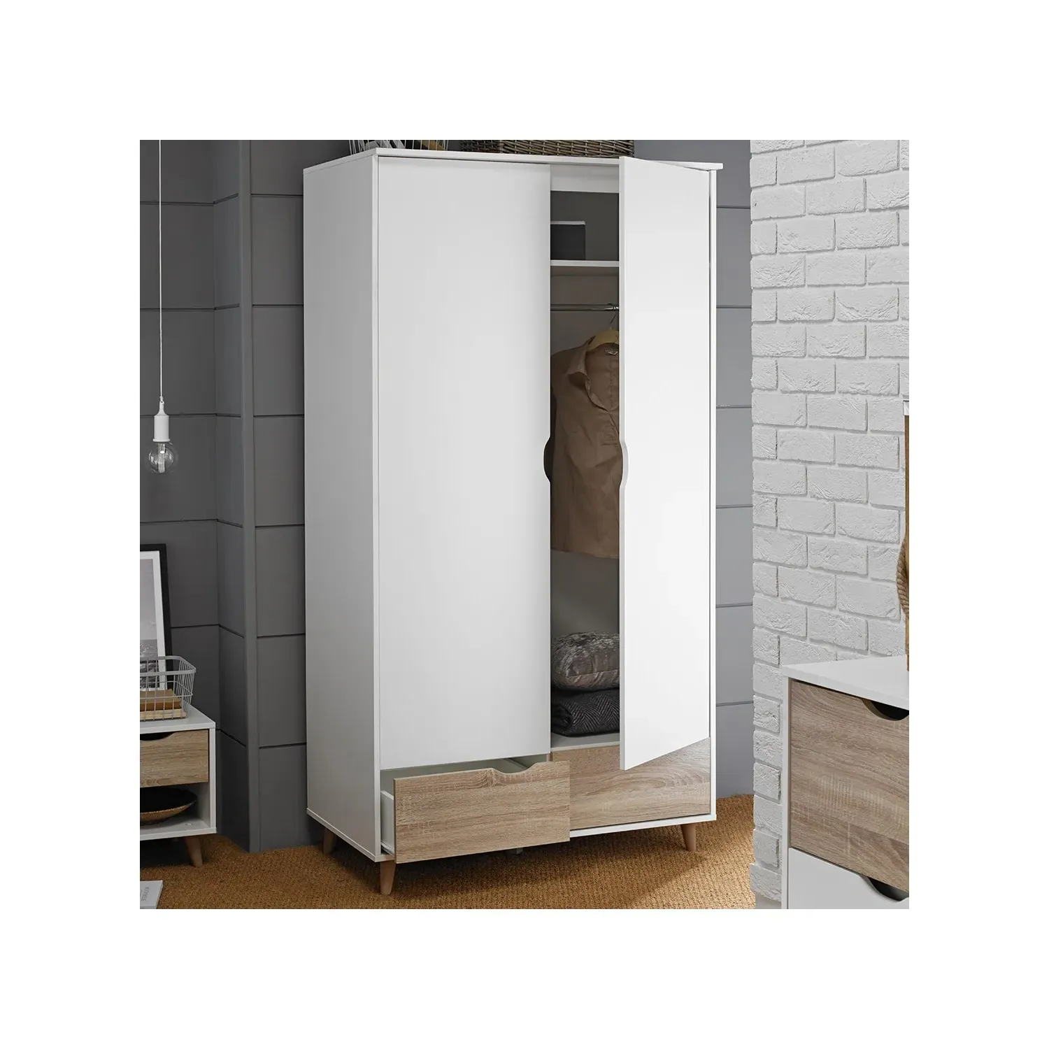 Double Wardrobe with 2 Drawers - White, Oak