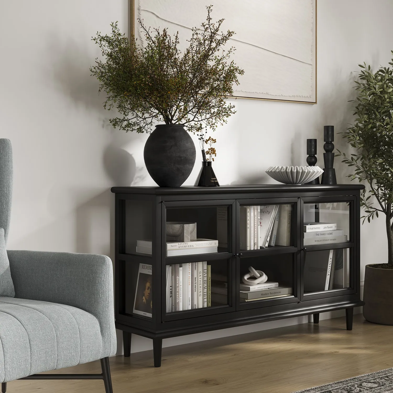 Large Sideboard with Glass Doors - Black, Wood image