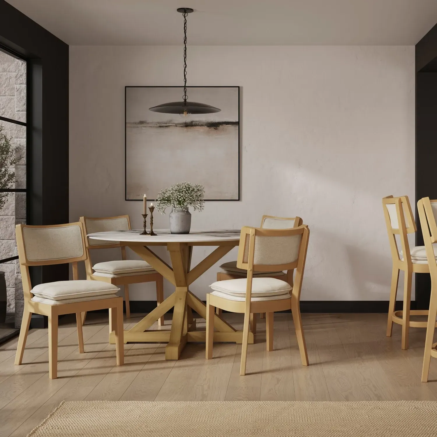 Open Back Dining Chair with Cushion - Beige, Woven
