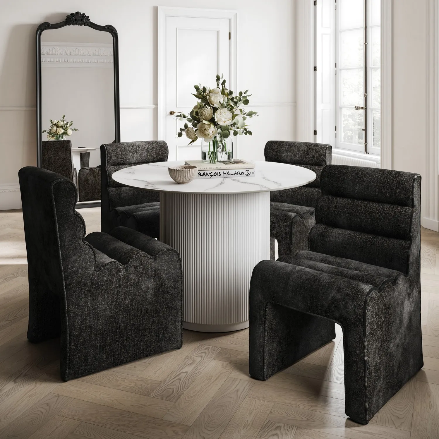 Ribbed Dining Chair - Black, Velvet