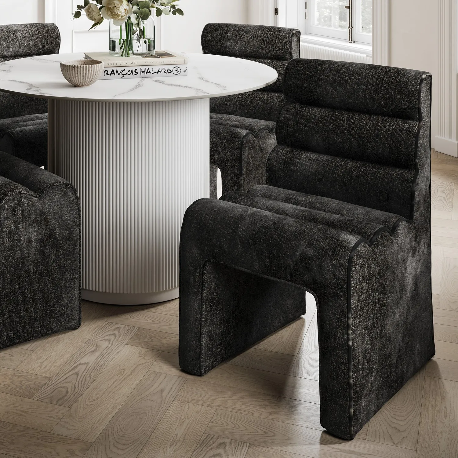 Ribbed Dining Chair - Black, Velvet