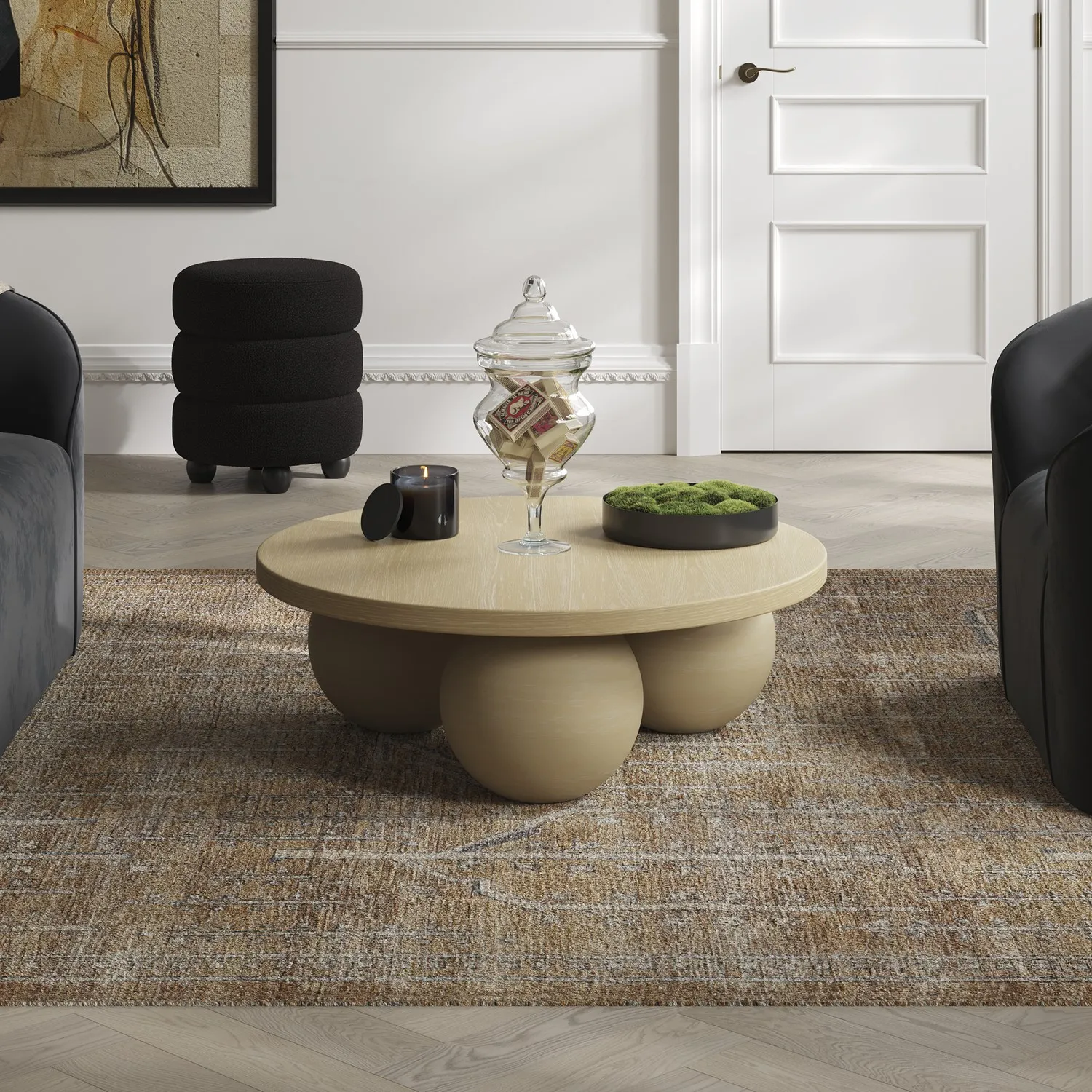 Round Coffee Table with Ball Feet - Beige, Concrete image