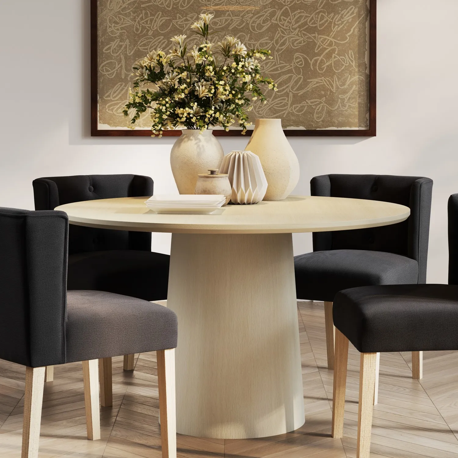 Round Dining Table with Pedestal Base - Brown, Ash image