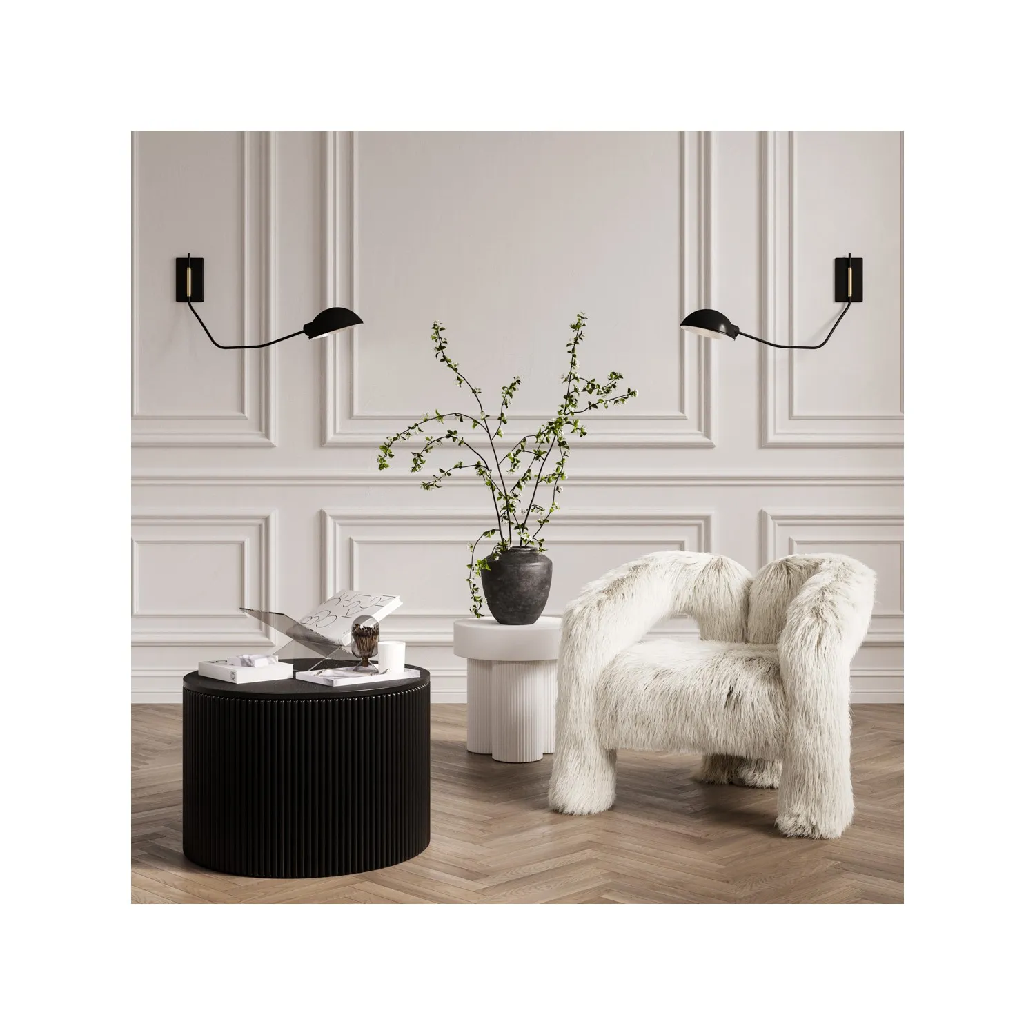 Round Side Table with Fluted Base - White, MDF