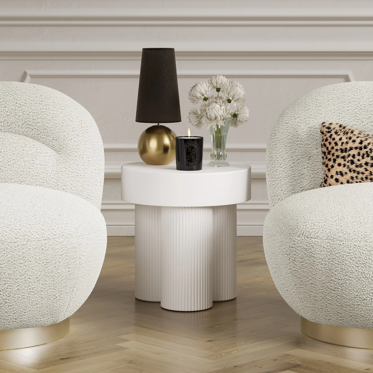 Round Side Table with Fluted Base - White, MDF image