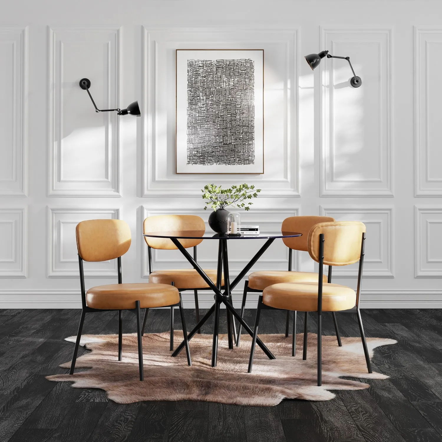 Set of 2 Dining Chairs - Tan, Faux Leather