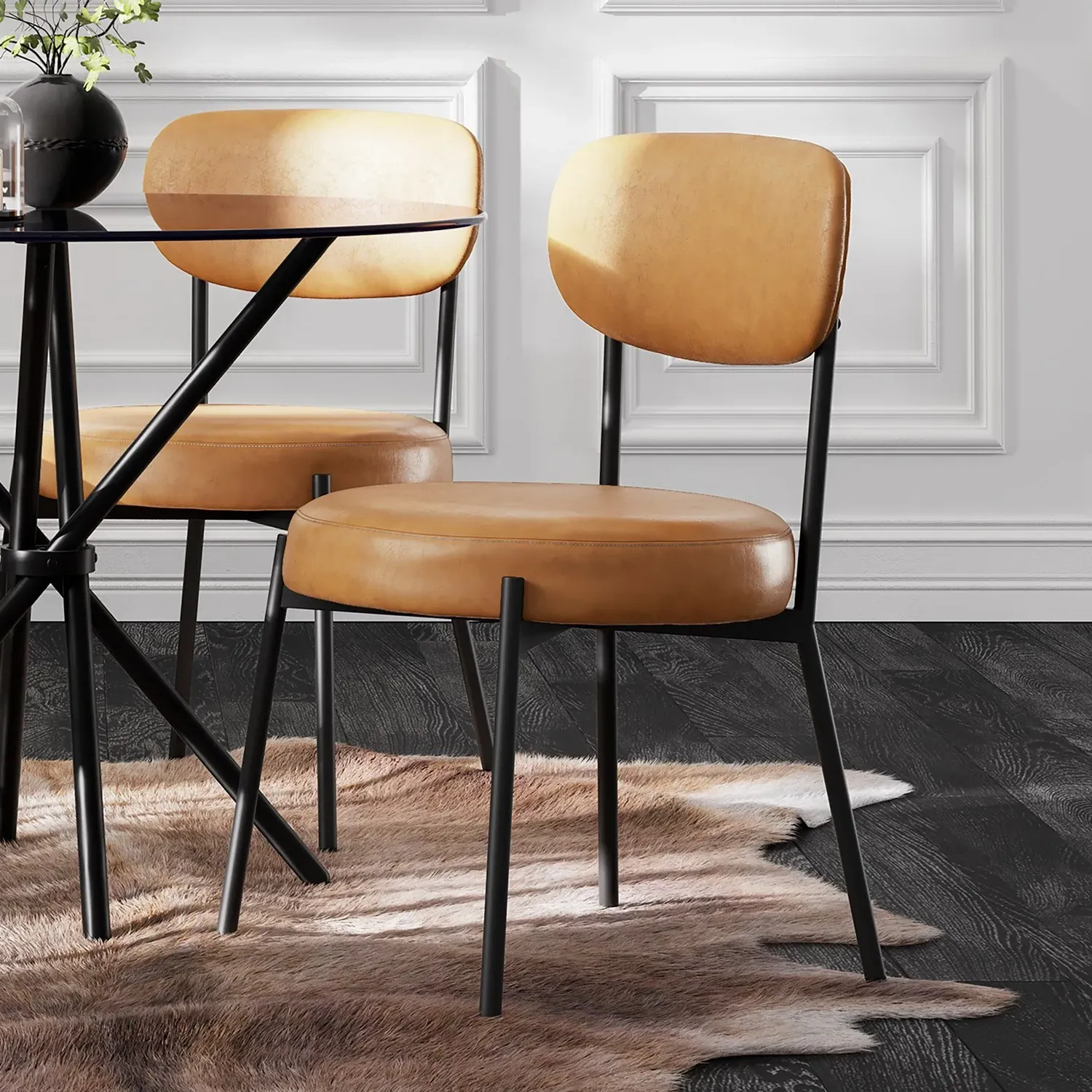 Set of 2 Dining Chairs - Tan, Faux Leather