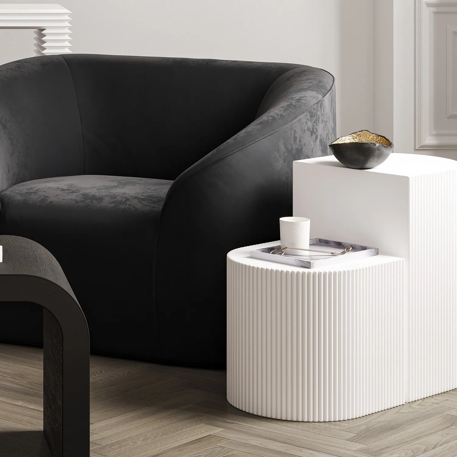 Set of 2 Ribbed Side Tables - White, MDF