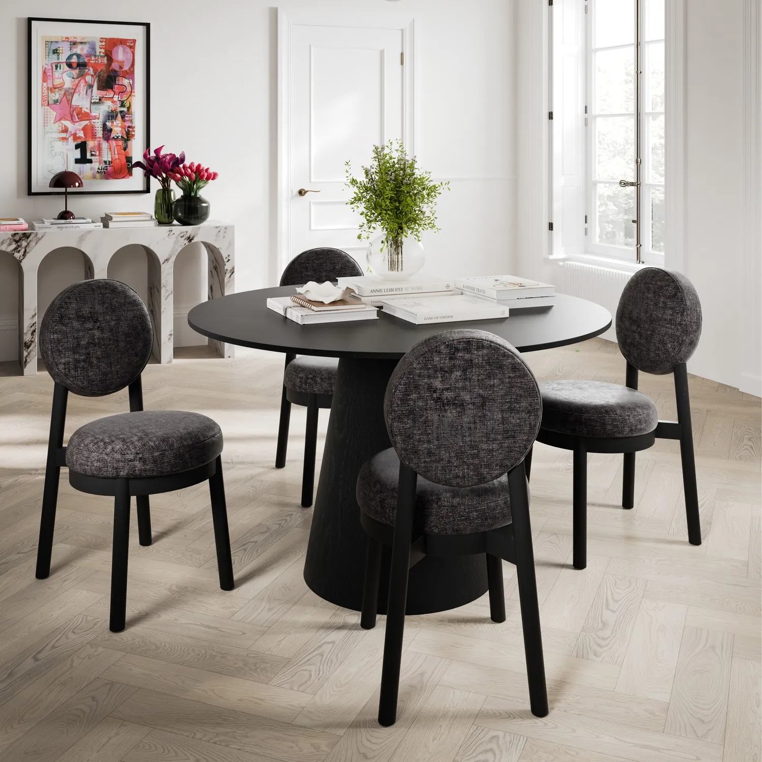 Set of 2 Upholstered Dining Chairs - Black, Chenille