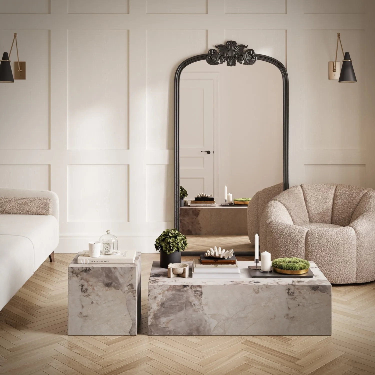 Square Side Table with Marble Effect - Beige