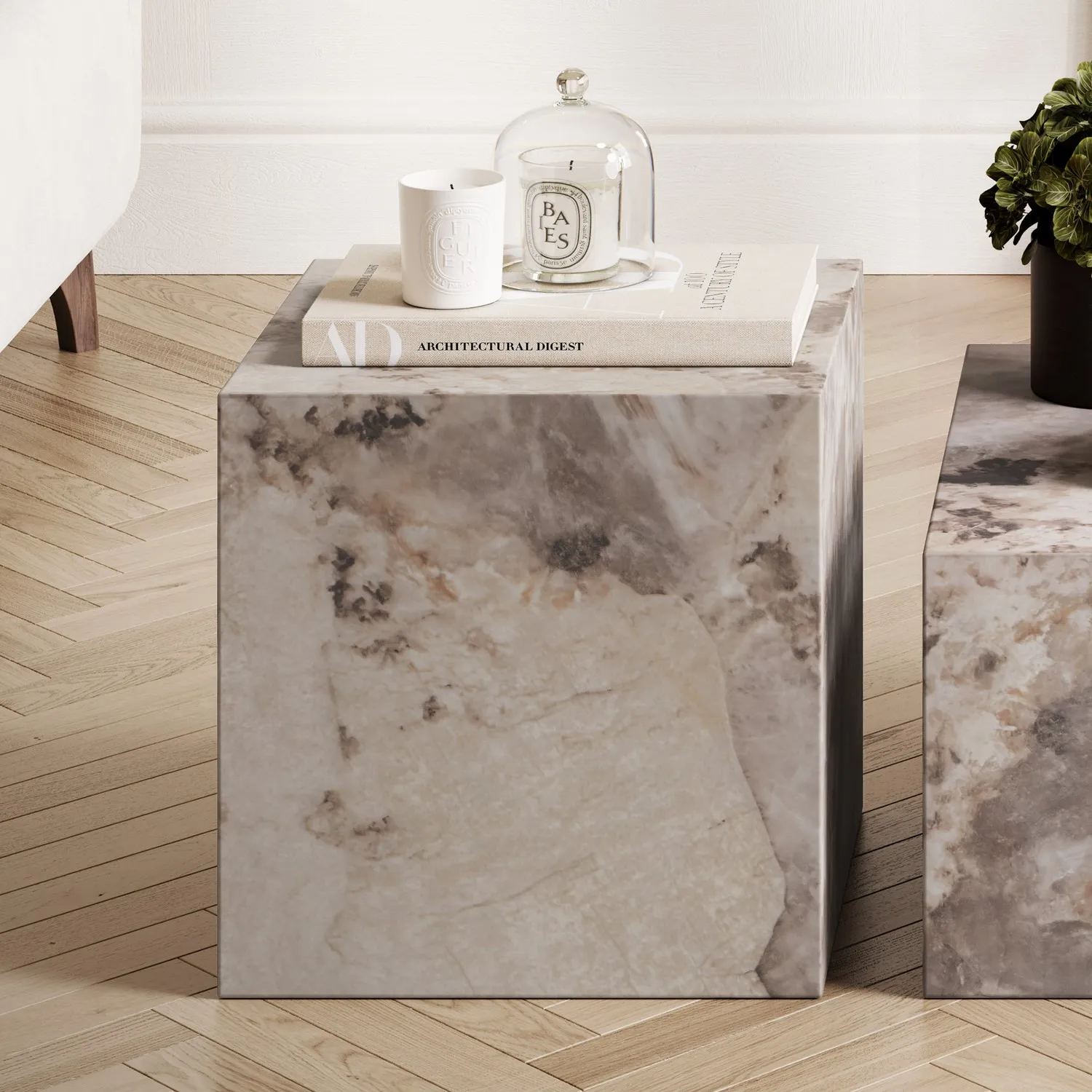 Square Side Table with Marble Effect - Beige image