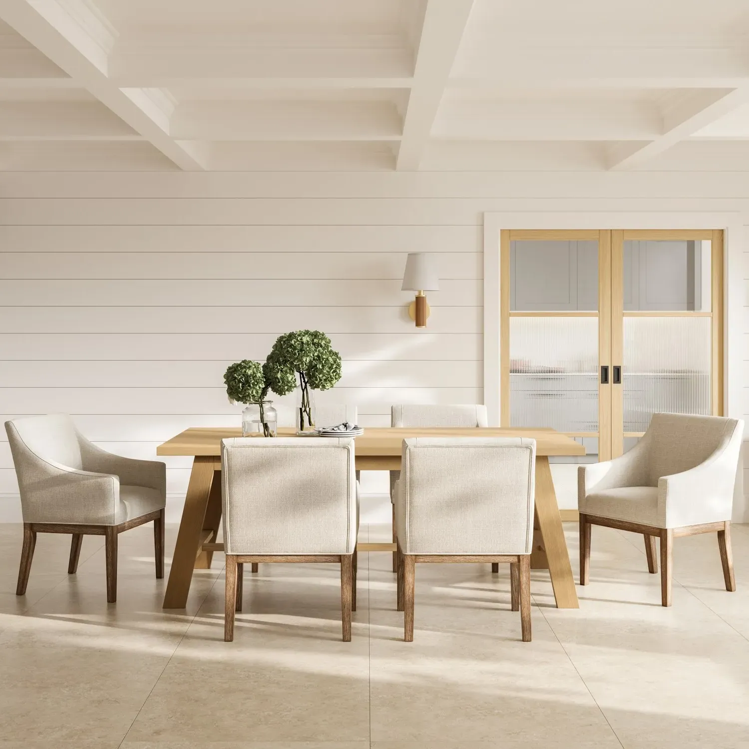 Upholstered Dining Chair with Arms - Beige, Fabric
