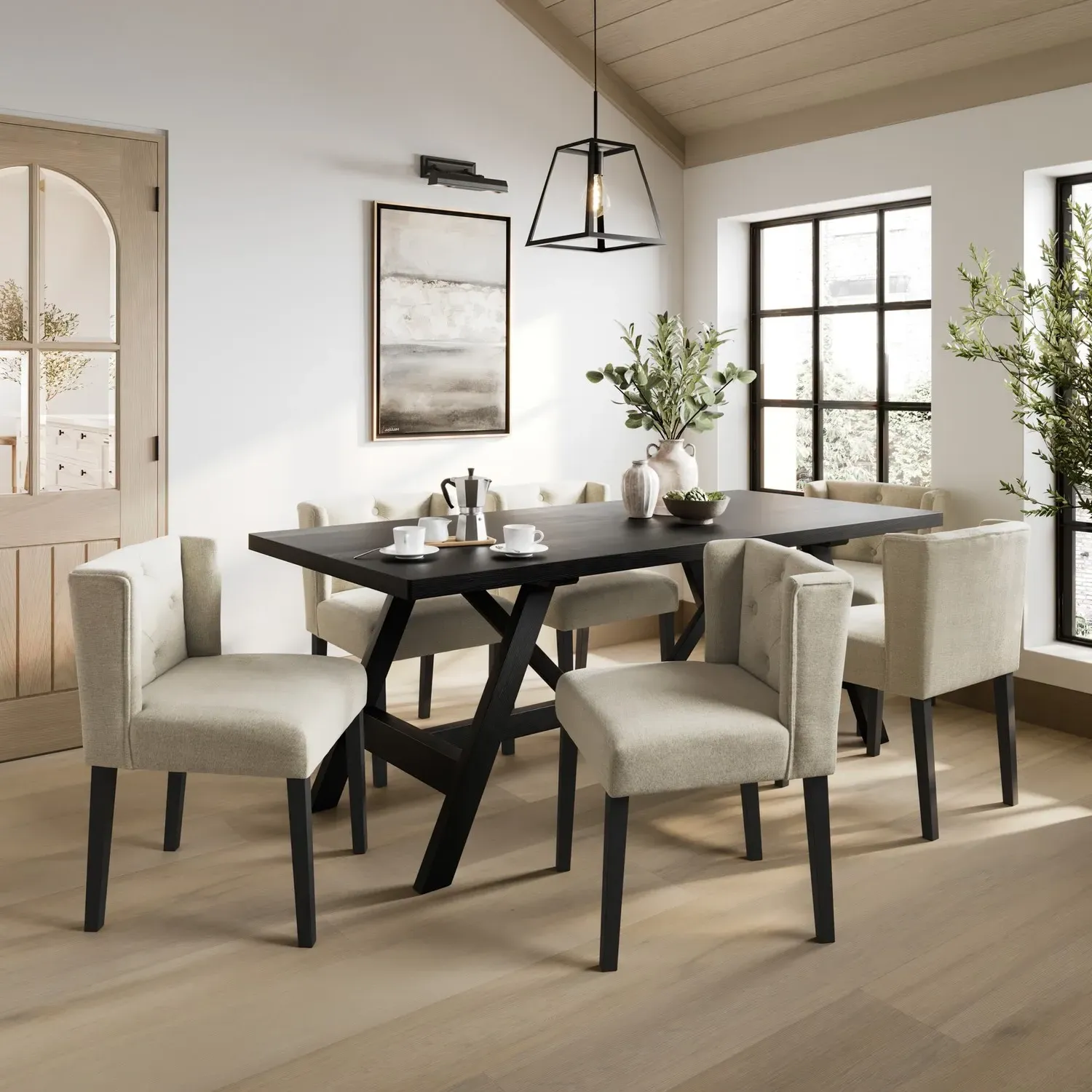 Winged Back Dining Chair with Buttons - Beige, Linen