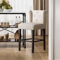 Winged Counter Stool with Buttons - Beige, Linen