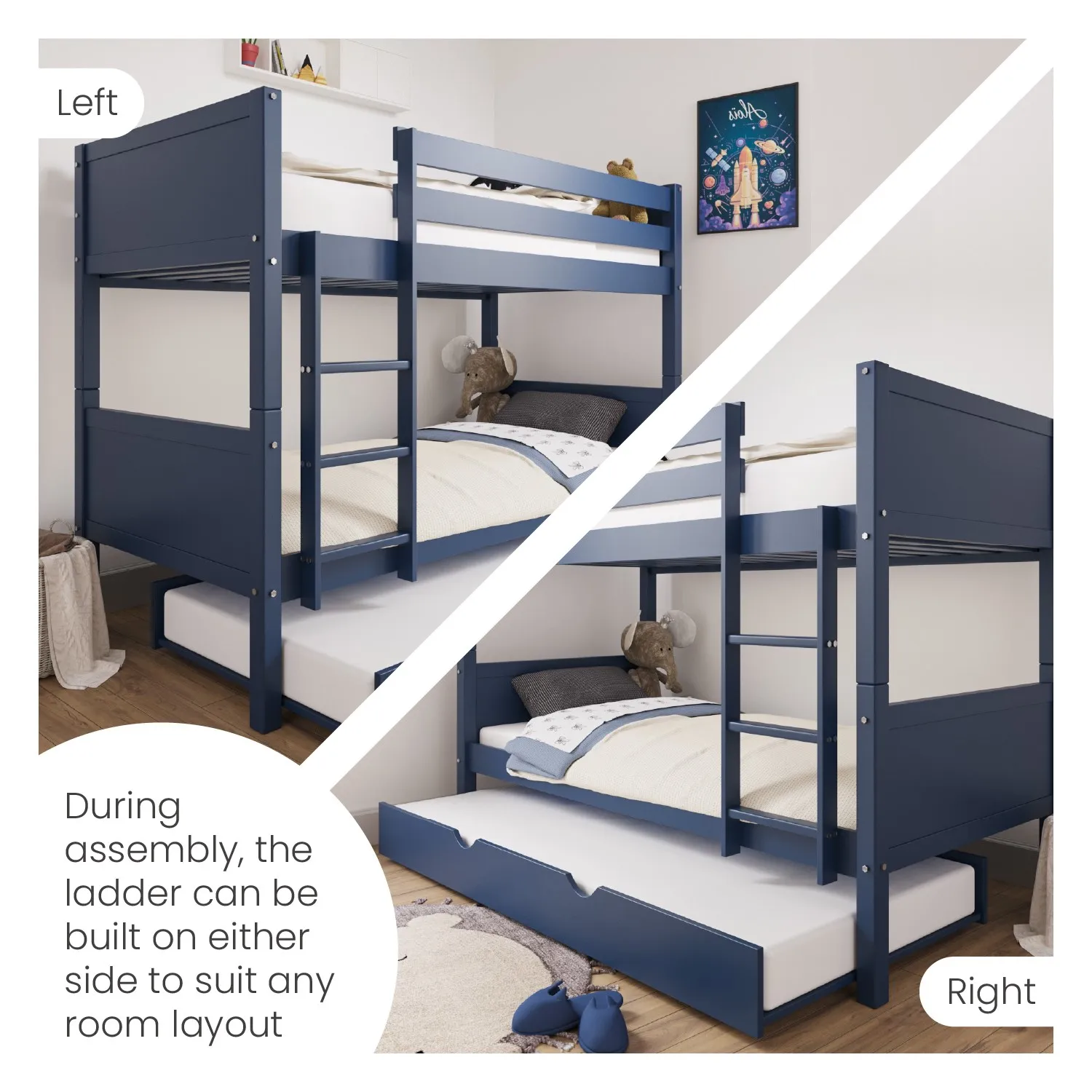 Detachable Bunk Bed with Trundle - Blue, Pine