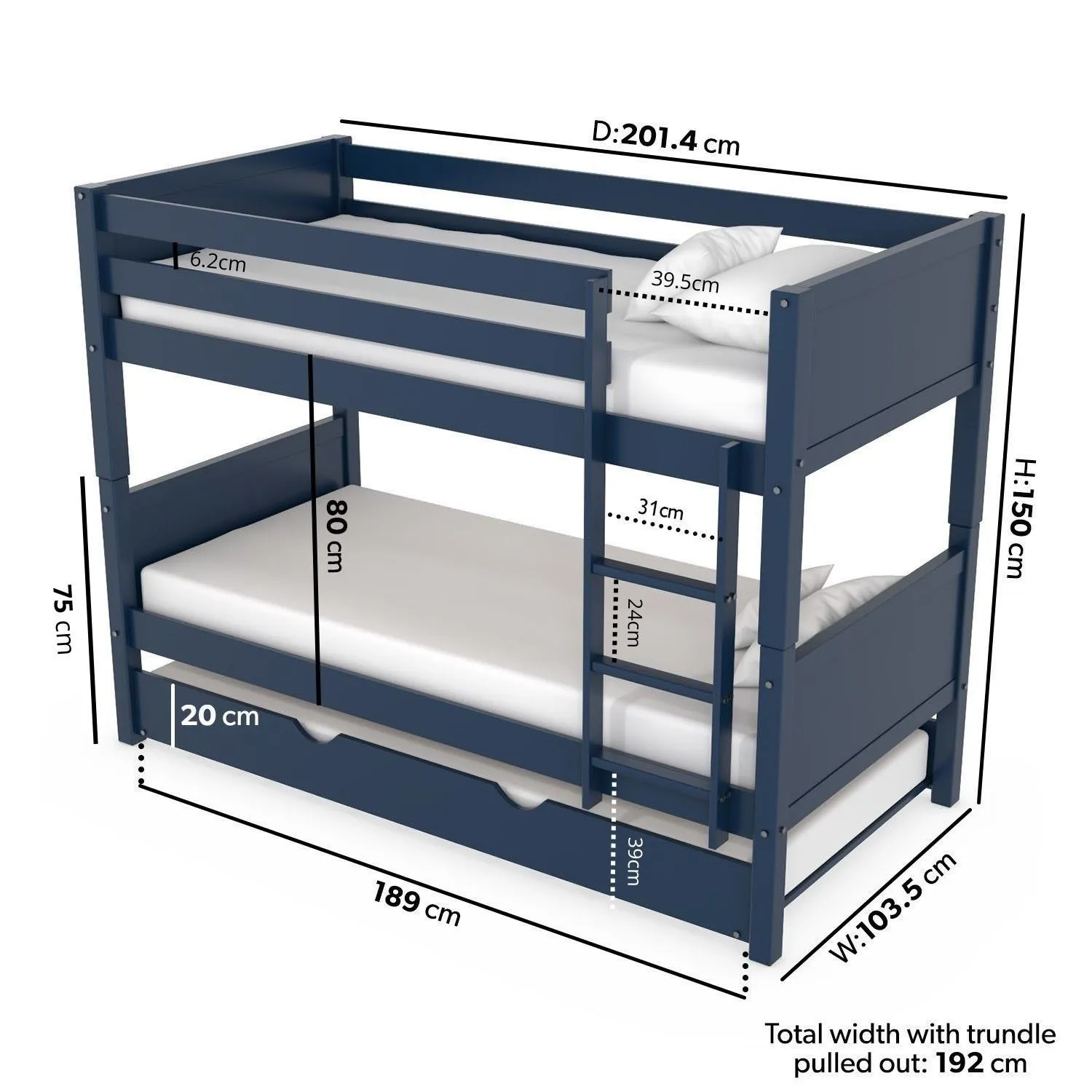 Detachable Bunk Bed with Trundle - Blue, Pine