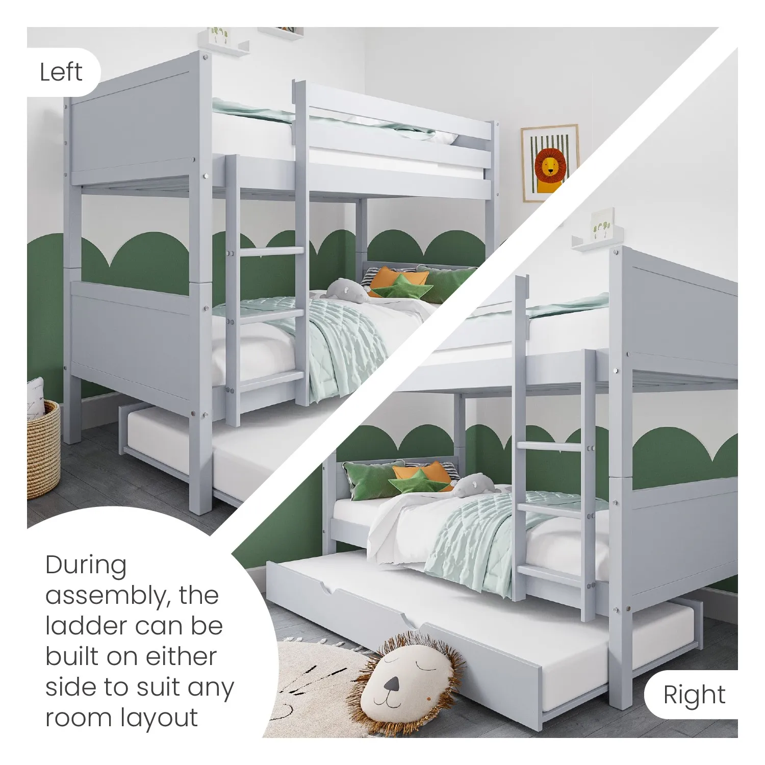 Triple Bunk Bed with Trundle - Grey, Pine Wood
