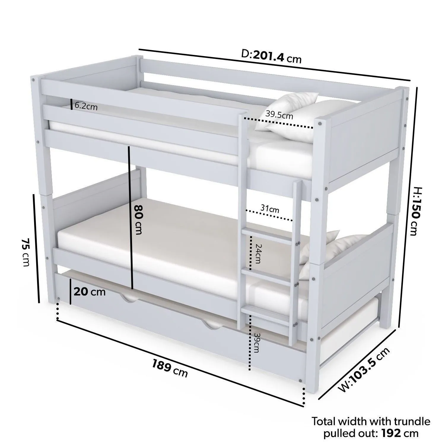 Triple Bunk Bed with Trundle - Grey, Pine Wood