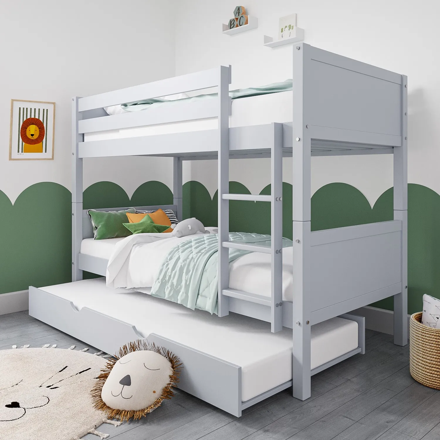 Triple Bunk Bed with Trundle - Grey, Pine Wood