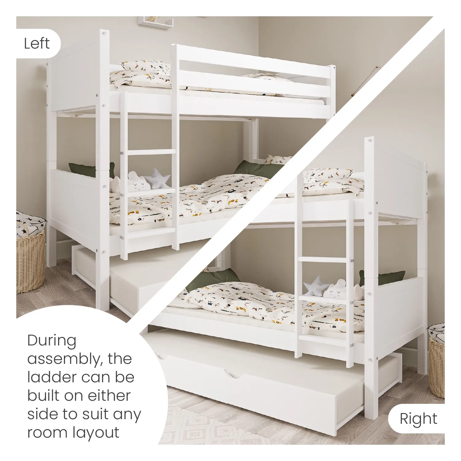 Triple Bunk Bed with Trundle - White, Pine Wood