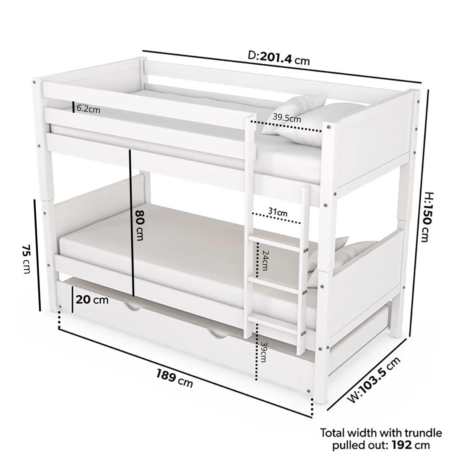 Triple Bunk Bed with Trundle - White, Pine Wood