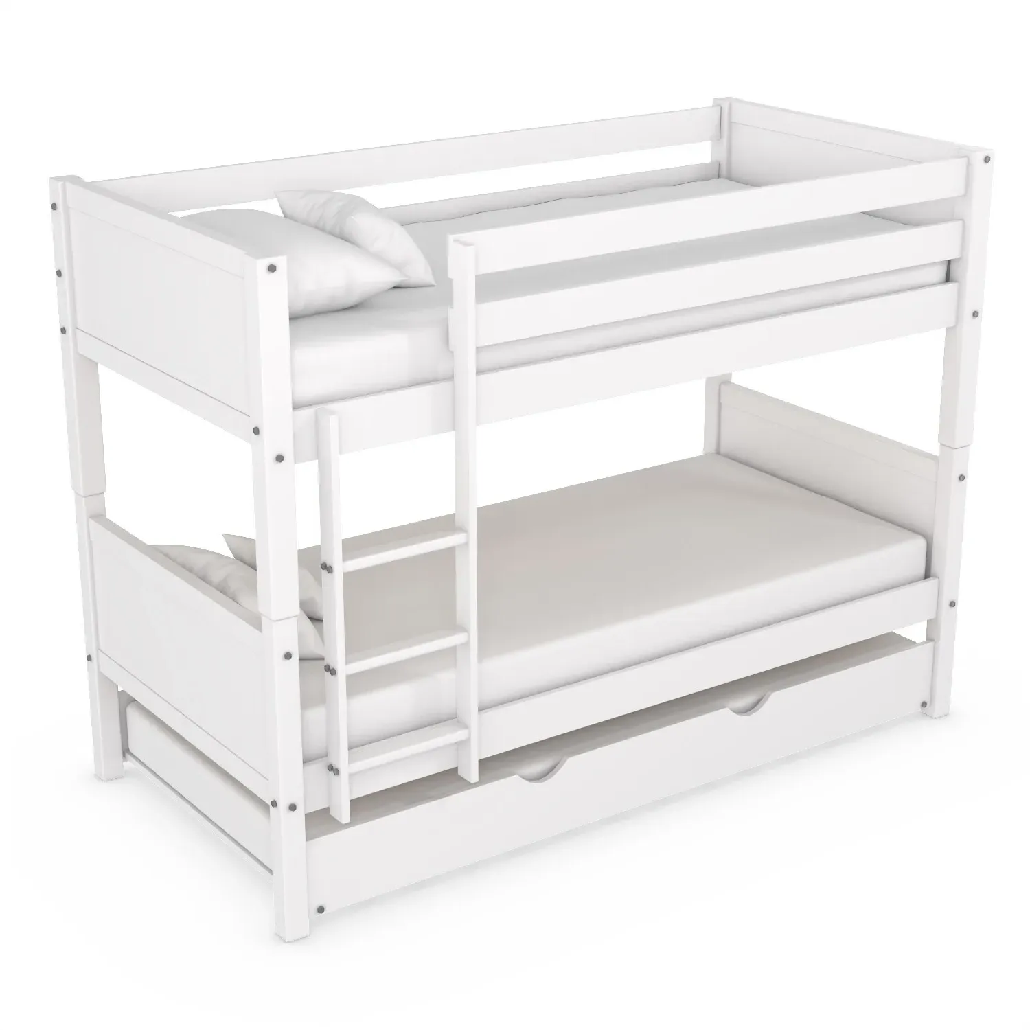 Triple Bunk Bed with Trundle - White, Pine Wood