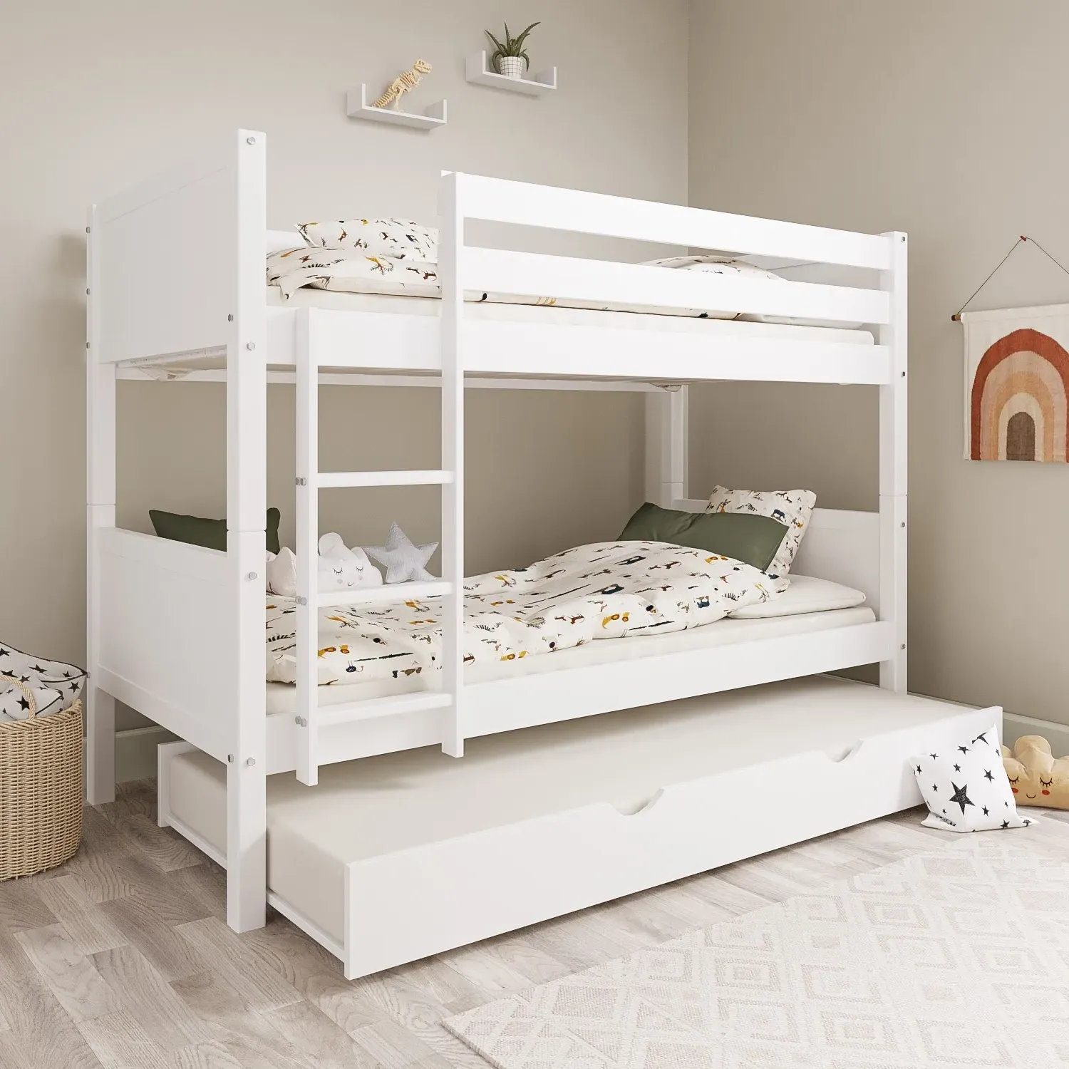 Triple Bunk Bed with Trundle - White, Pine Wood image