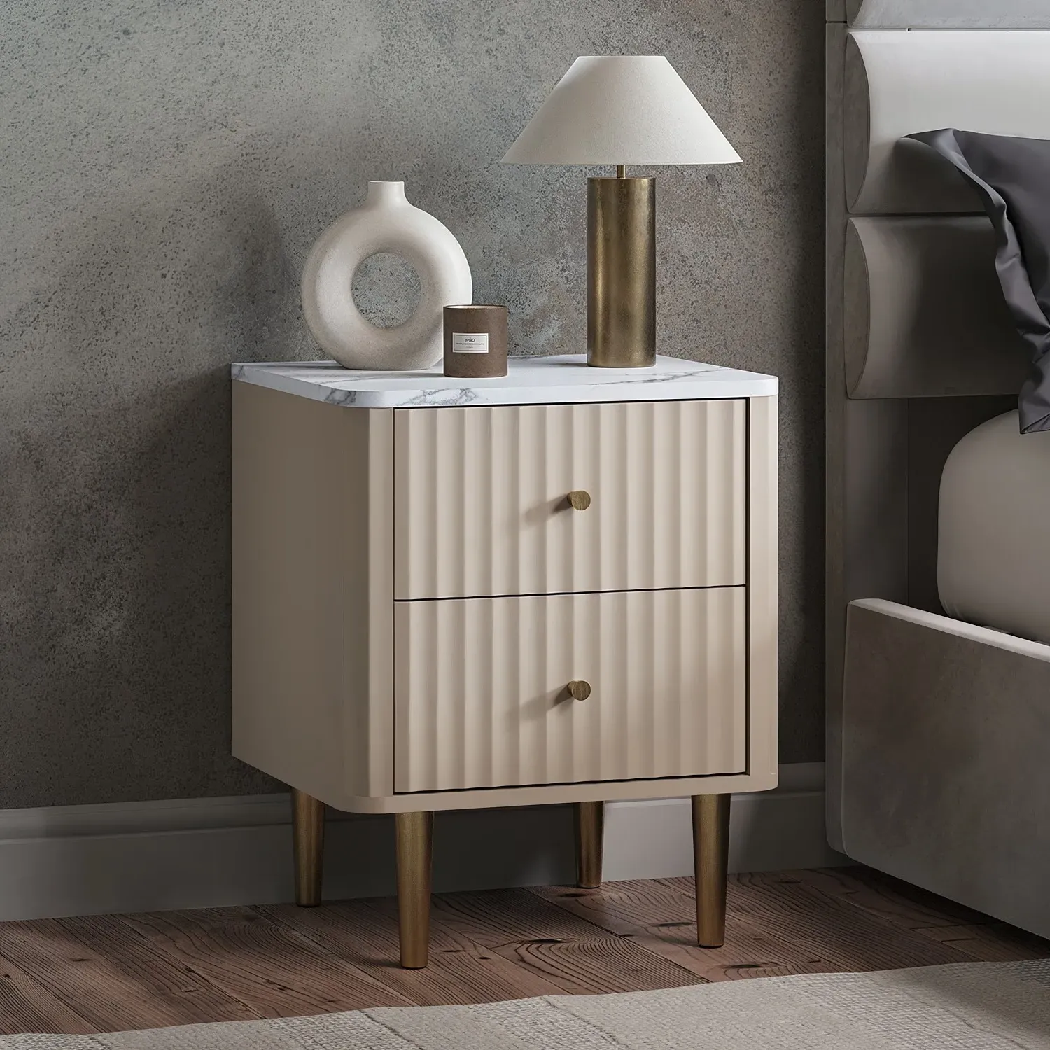 2-Drawer Bedside Table with Marble Top - Beige image