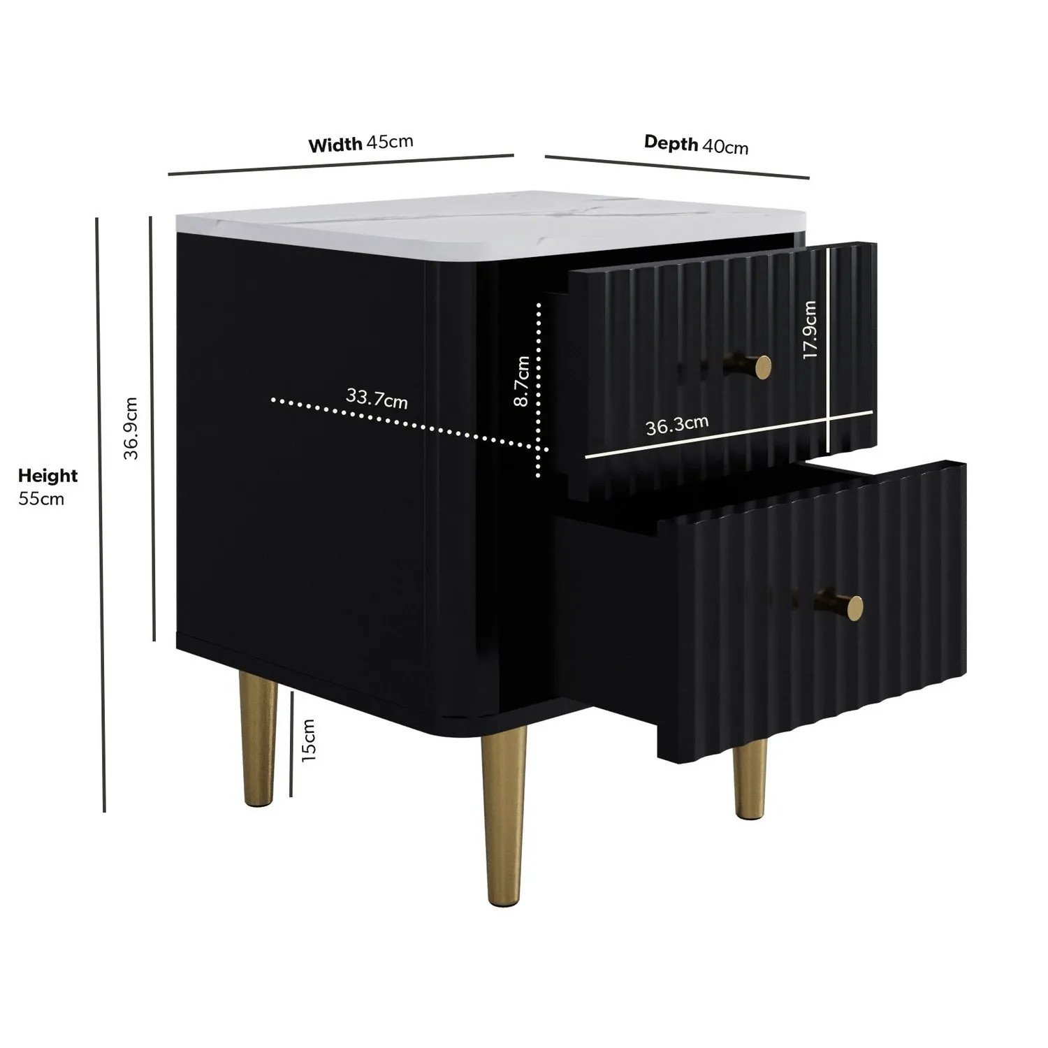 2-Drawer Bedside Table with Marble Top - Black