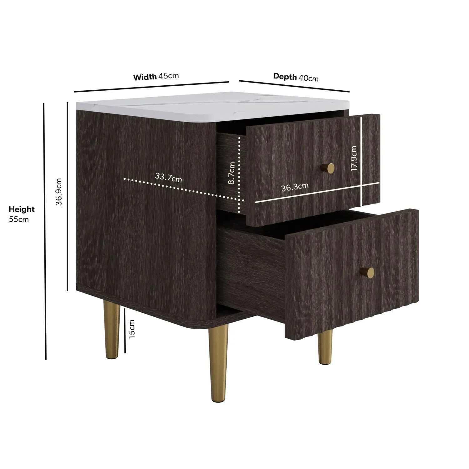 2-Drawer Bedside Table with Marble Top - Wood