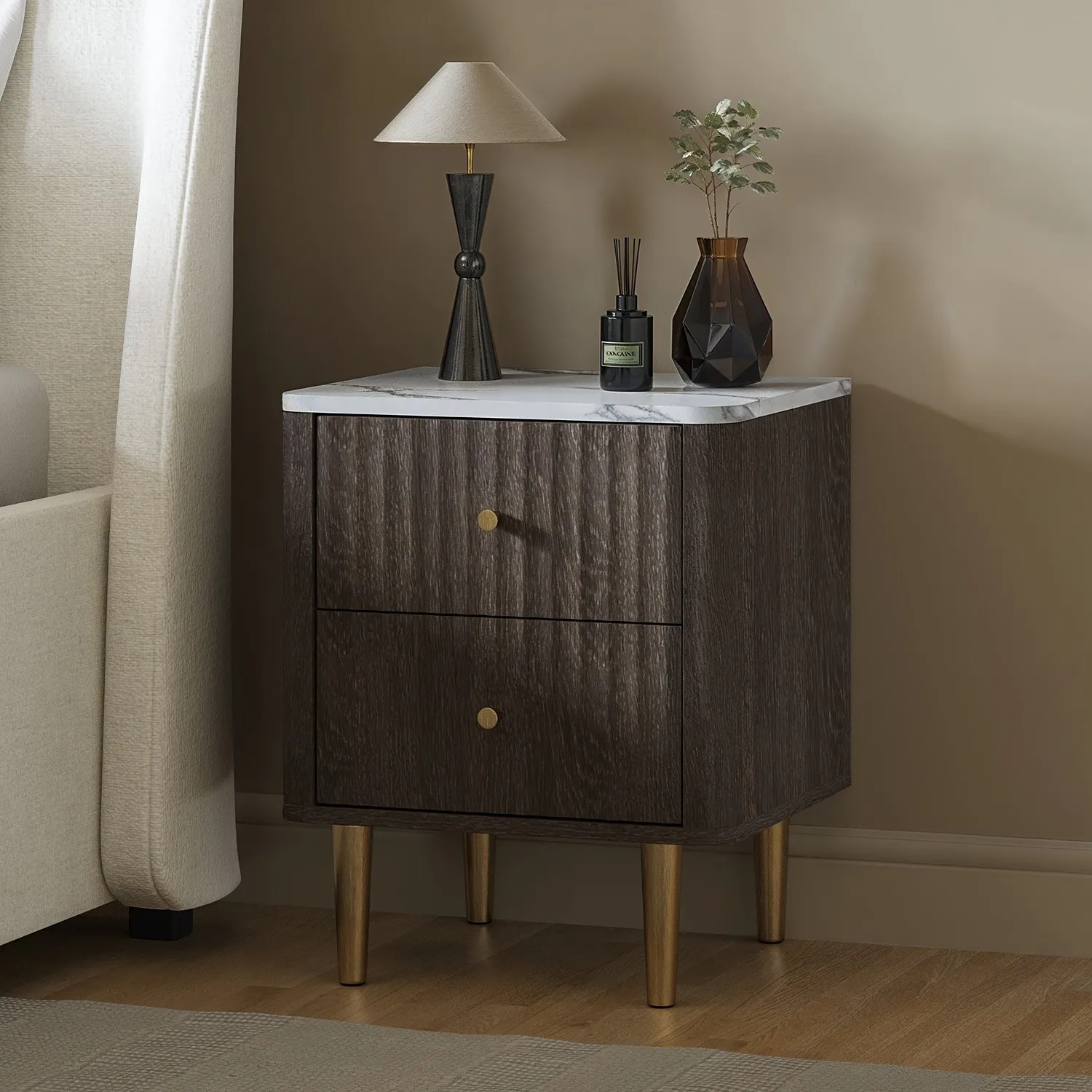 2-Drawer Bedside Table with Marble Top - Wood image